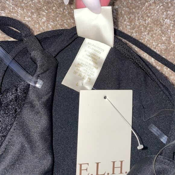 E.L.H. Studio black dress mini V-neck Satin V-neck mini body-con lace top NEW LG - Picture 9 of 10